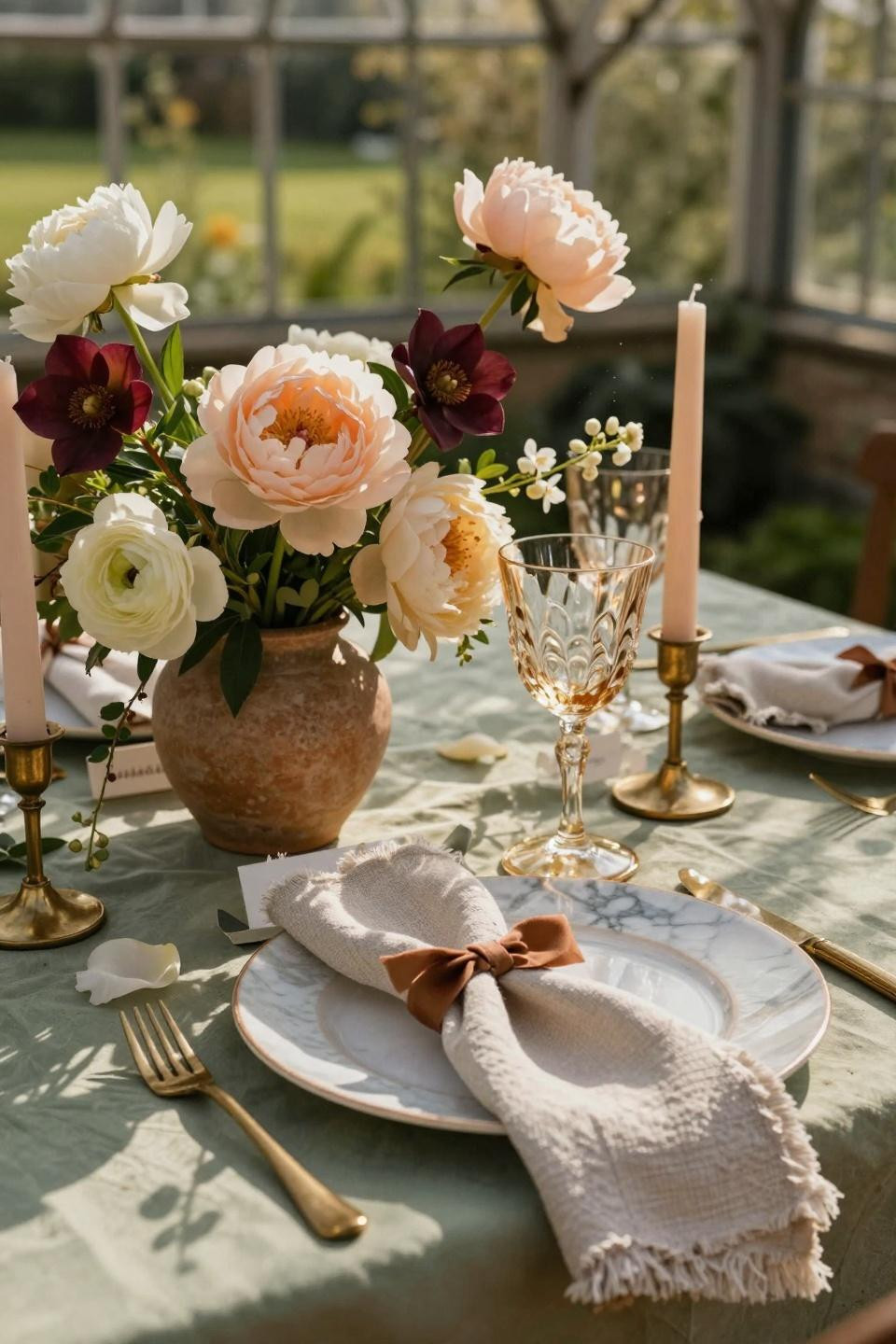 Spring Wedding Tablescapes - intimate close-up of apricot roses and brass flatware
