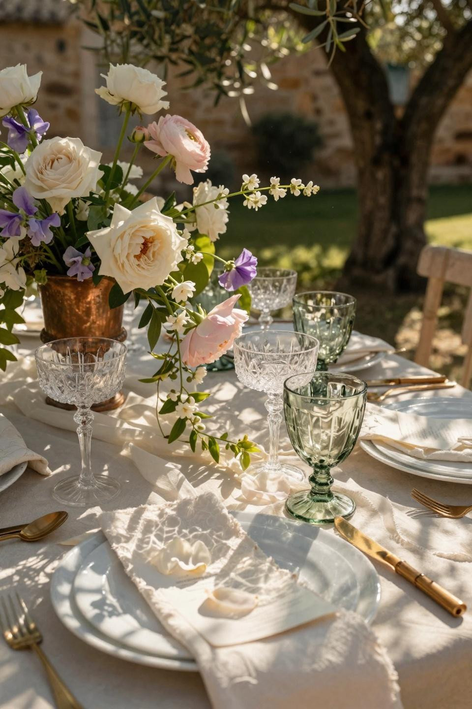 Spring Wedding Tablescapes - Tuscan garden table with terracotta and amber glass