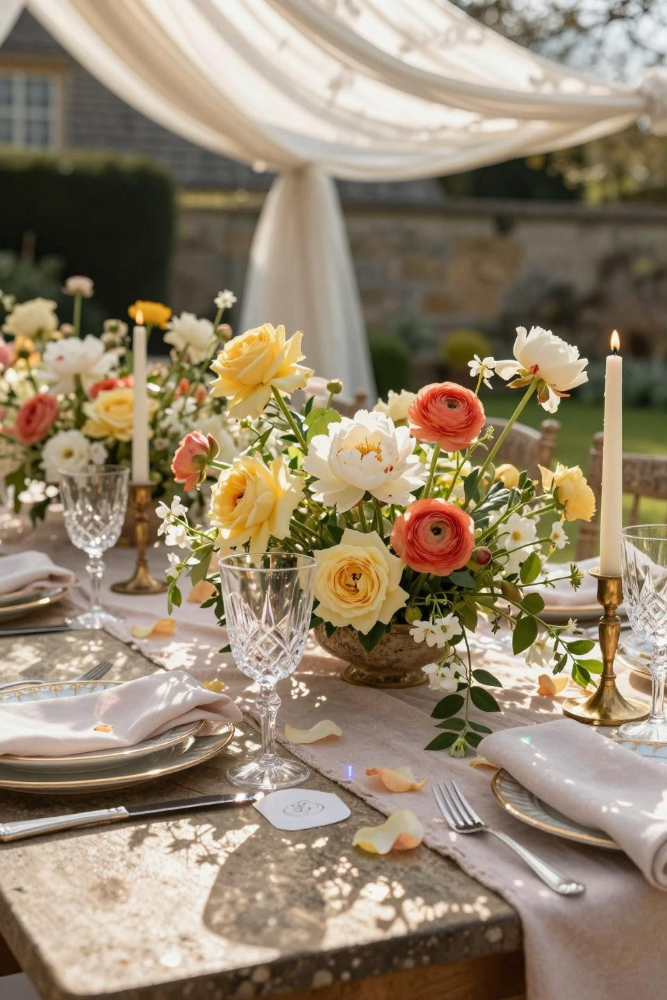 Spring Wedding Tablescapes - detailed view of yellow roses and coral ranunculus arrangement
