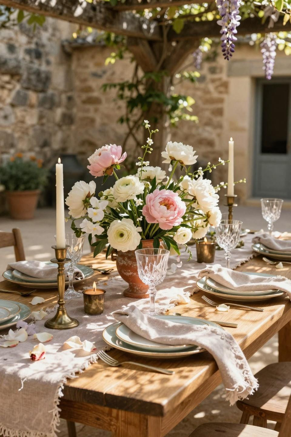 Spring Wedding Tablescapes - romantic courtyard reception with cascading florals