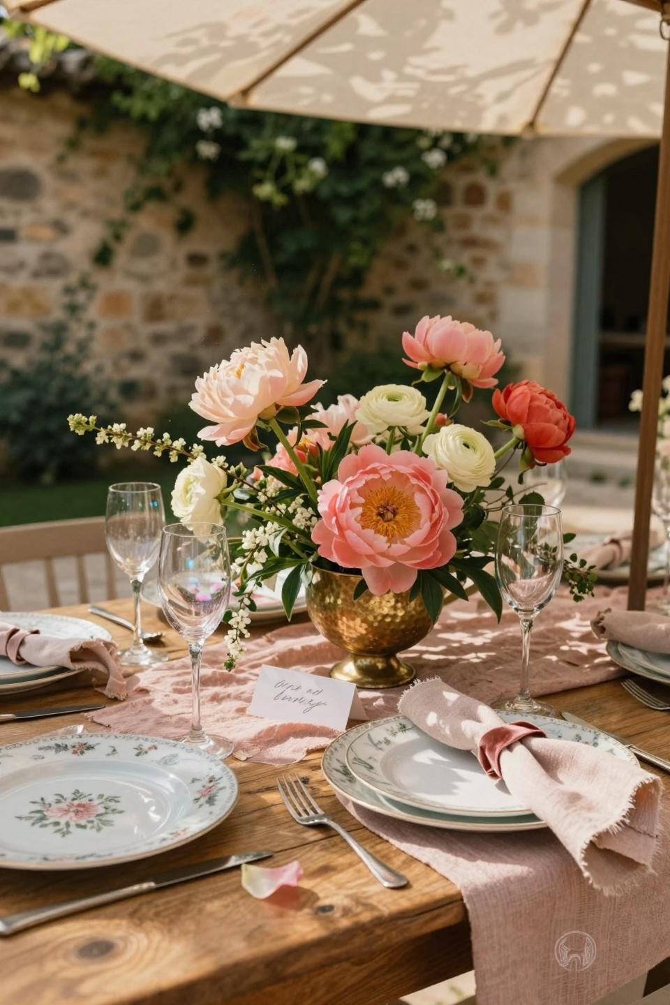 Spring Wedding Tablescapes - intimate courtyard setup with blush silk and peonies