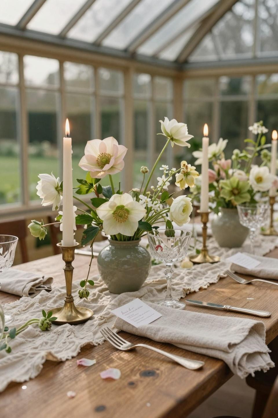 Spring Wedding Tablescapes - restored orangery reception with hellebores and jasmine