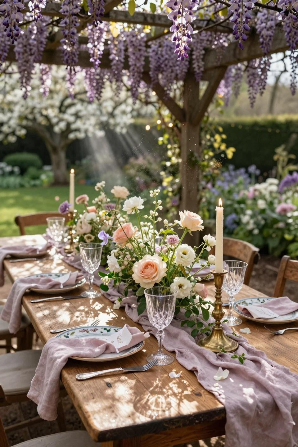Spring Wedding Tablescapes - early spring reception under blooming wisteria
