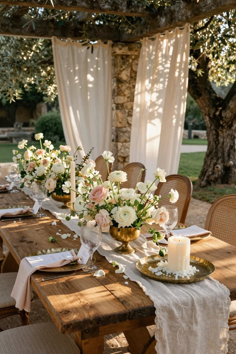 Spring Wedding Tablescapes - outdoor reception under olive trees with blush flowers