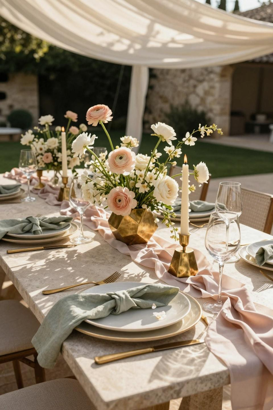 Spring Wedding Tablescapes - contemporary hexagonal brass arrangement with jasmine