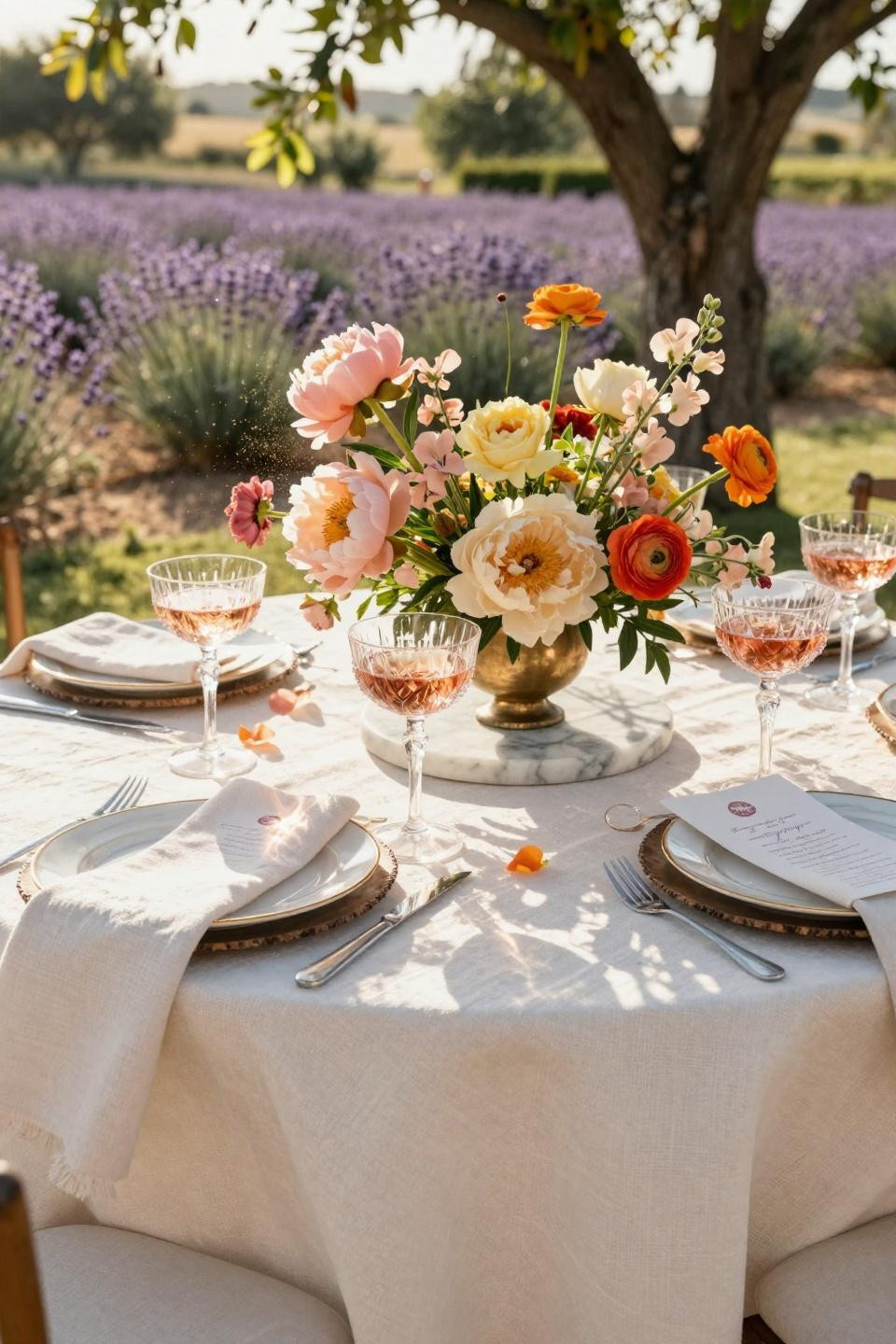Spring Wedding Tablescapes - aerial view of spring tablescape with champagne and flowers
