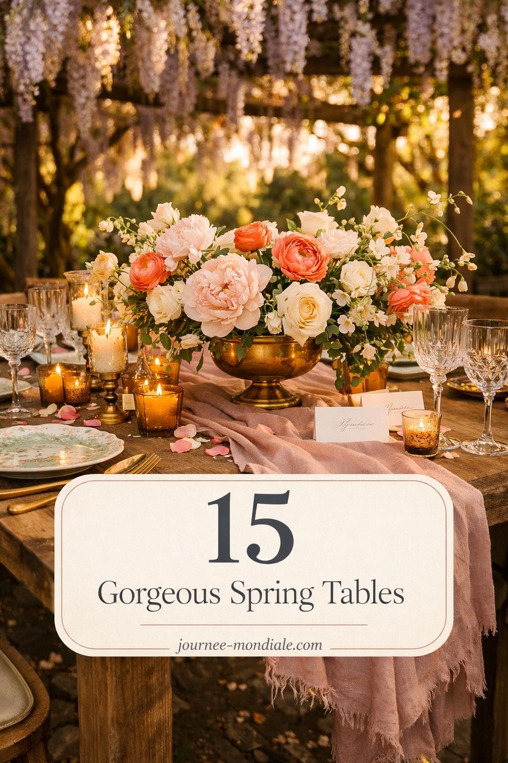 Elegant spring wedding reception table featuring fresh garden florals, pastel centerpieces, romantic place settings with delicate blooms and greenery