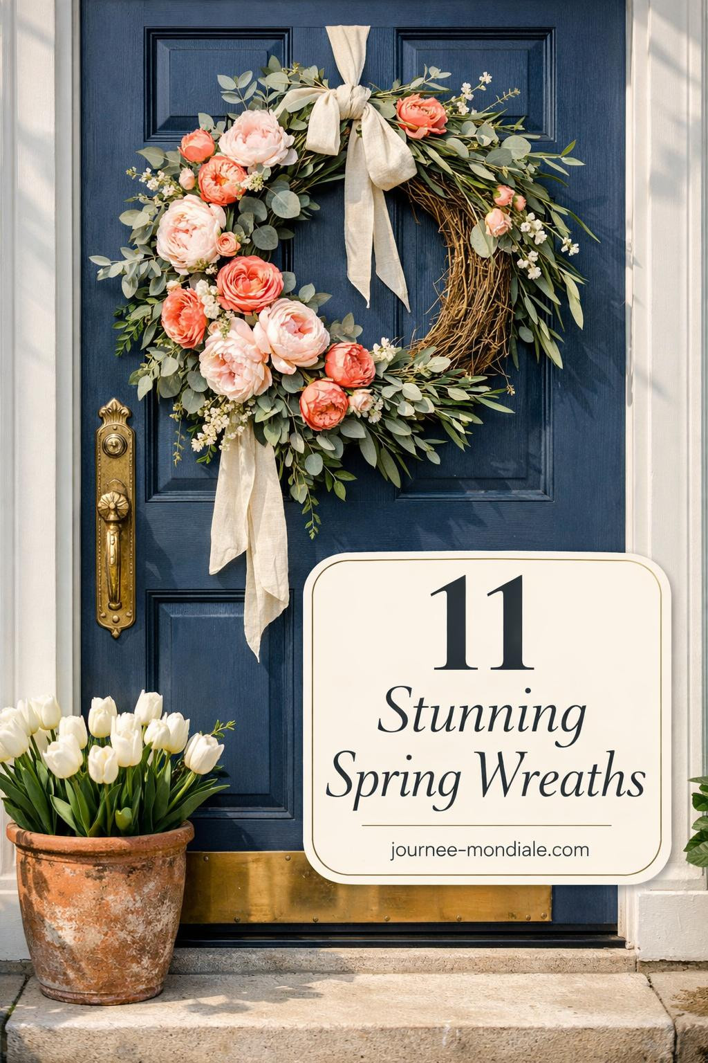 Vibrant spring floral wreath hanging on white front door featuring pink blooms, eucalyptus greenery, and natural textures