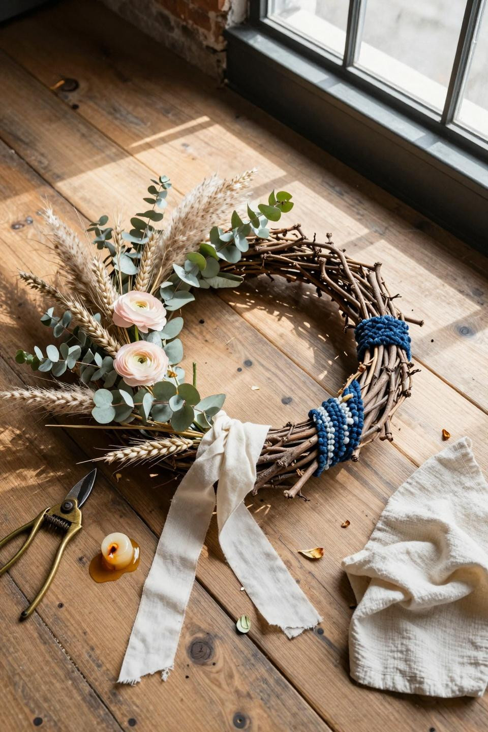 spring wreath for front door with bohemian macrame and indigo
