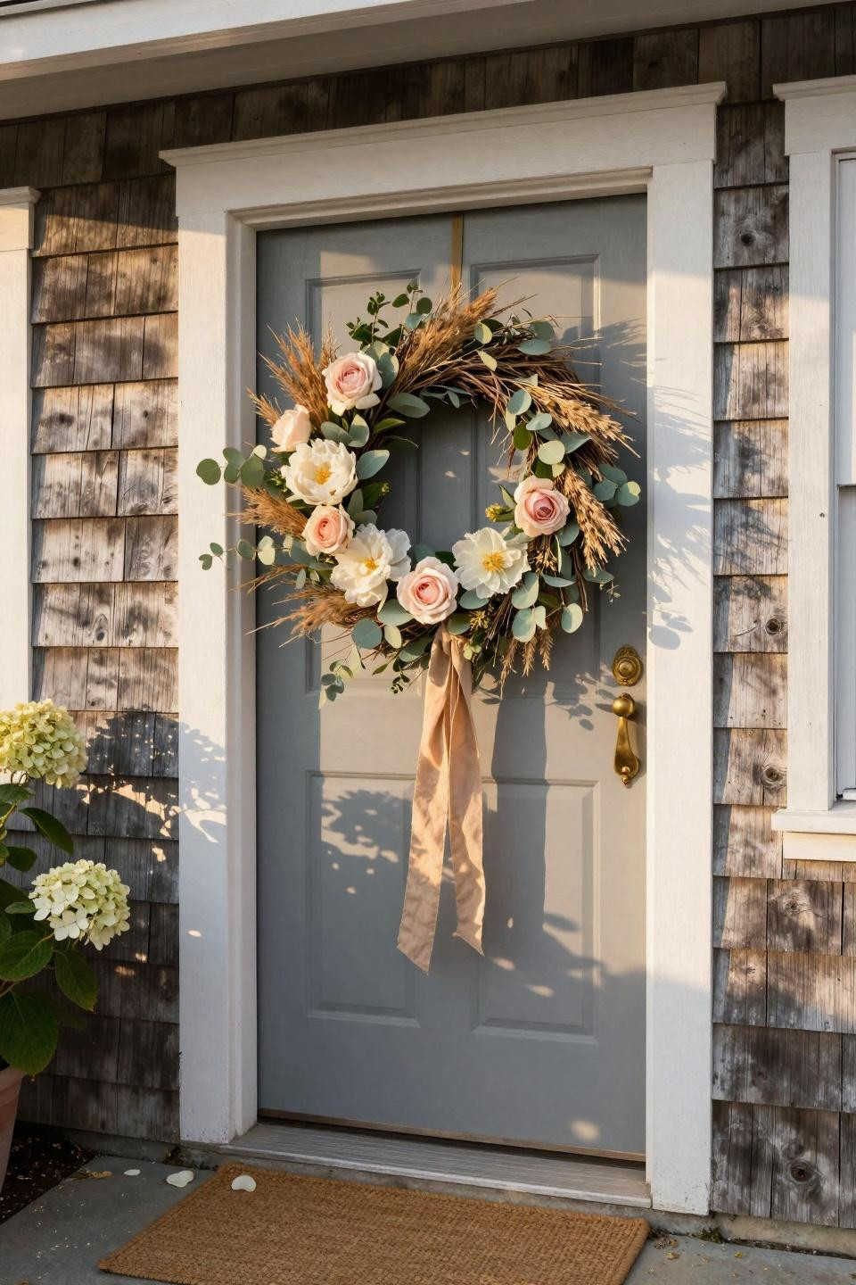 spring wreath for front door with dried grasses and coastal style