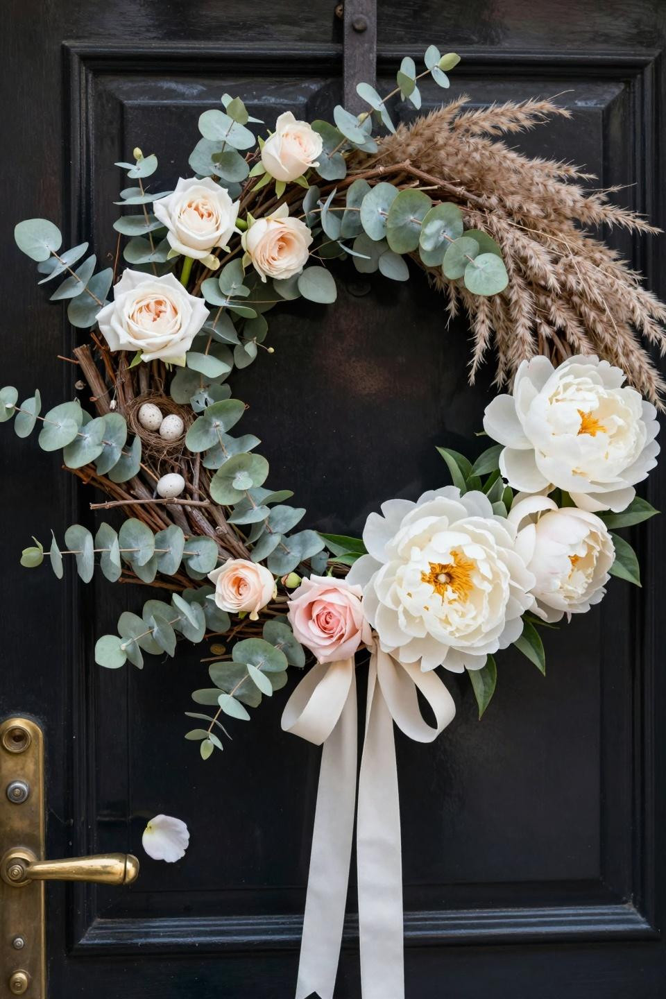 spring wreath for front door with large peonies and nest detail