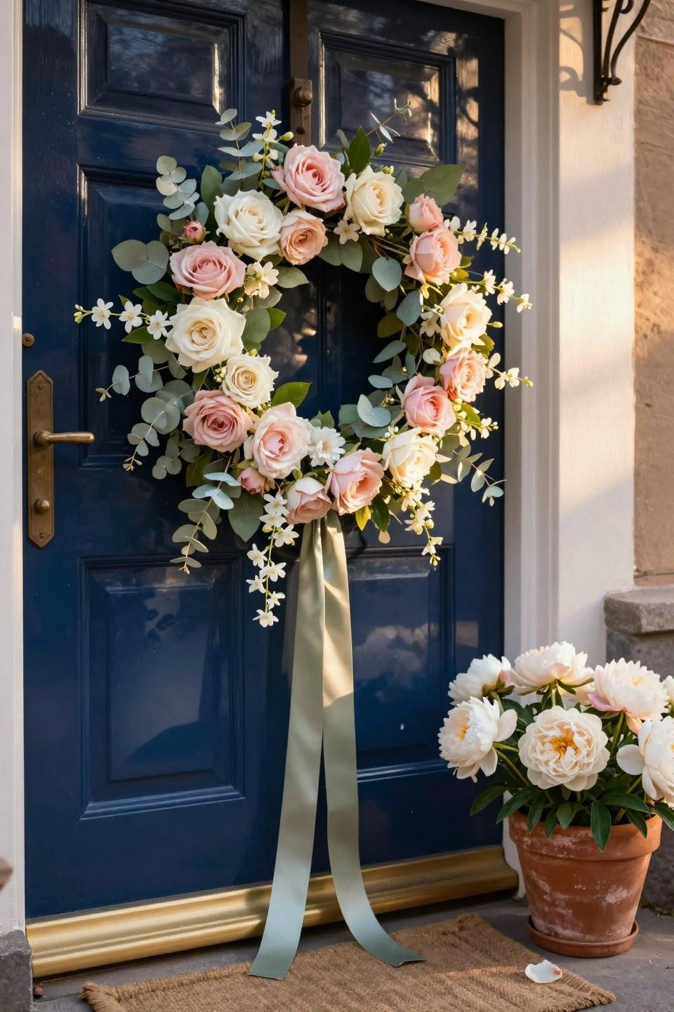 spring wreath for front door on navy blue door with roses