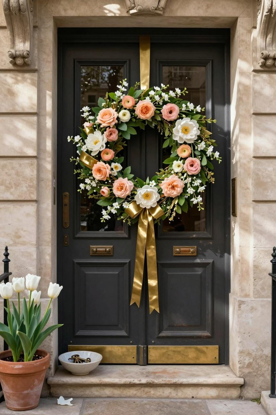 spring wreath for front door with metallic brass accents