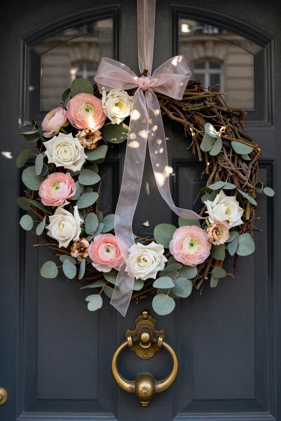 spring wreath for front door closeup with garden roses