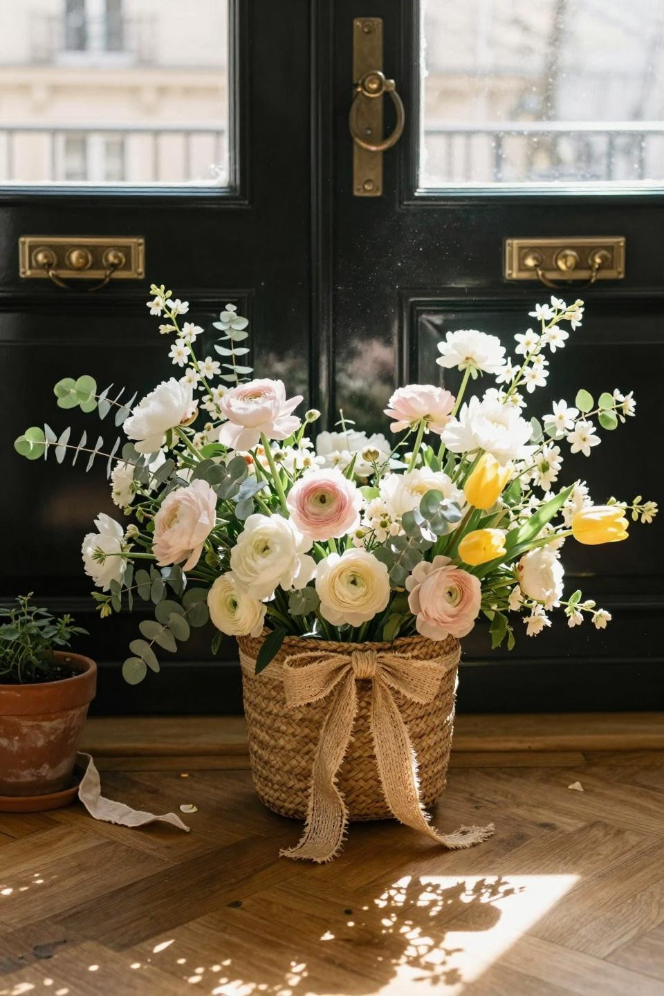 spring wreath for front door basket arrangement with ranunculus