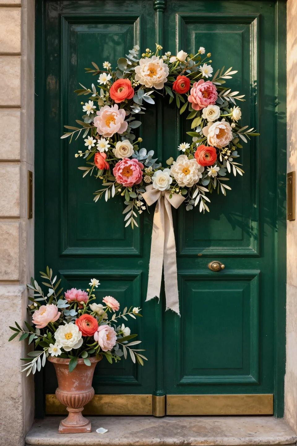 spring wreath for front door with blush peonies and eucalyptus