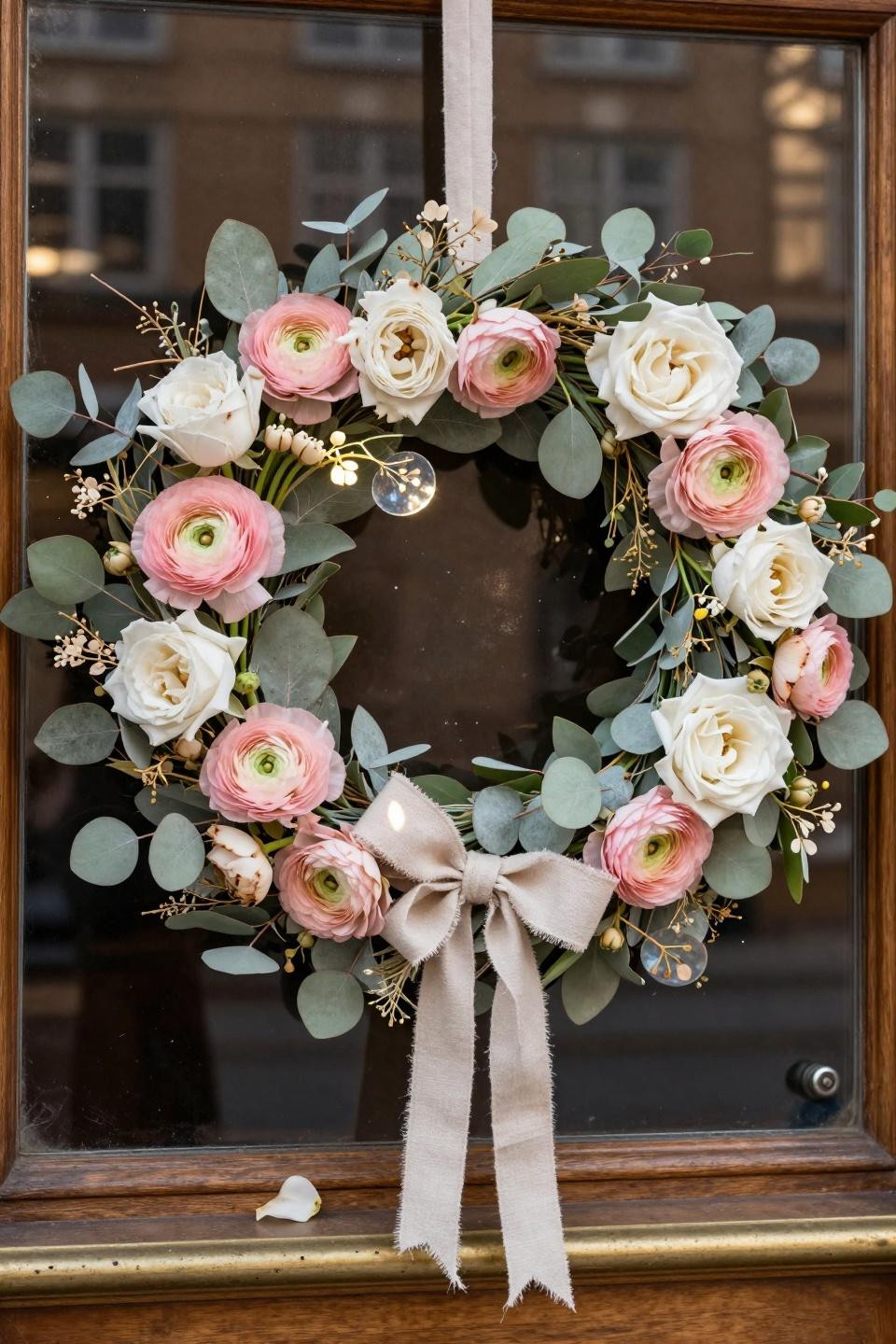 spring wreath for front door with dried lunaria and modern design