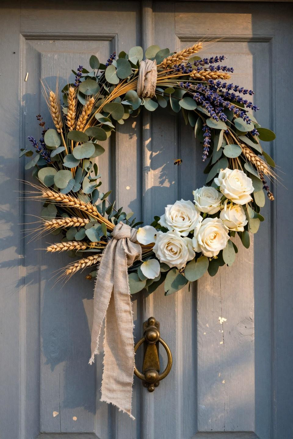 spring wreath ideas - dried lavender bundles with cream roses on weathered door