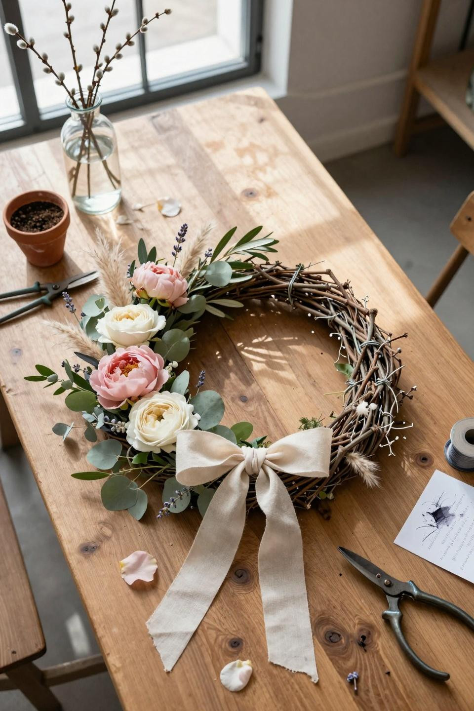 spring wreath ideas - wreath materials spread on oak table with tools