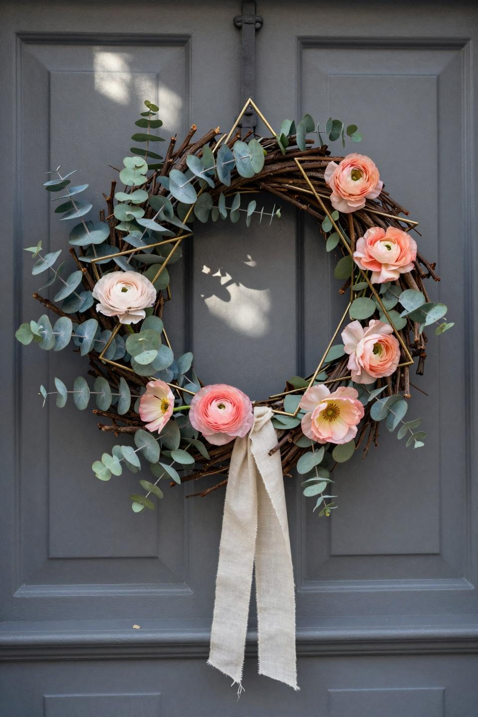 spring wreath ideas - brass triangles with coral ranunculus on gray door