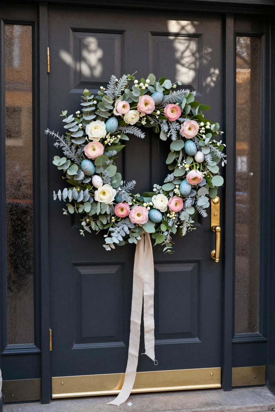 spring wreath ideas - eucalyptus wreath with speckled eggs on black door