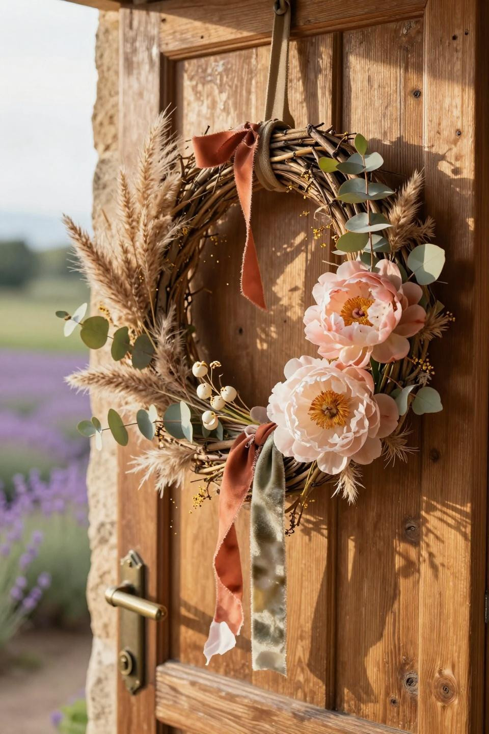 spring wreath ideas - pampas grass with blush peonies on oak door