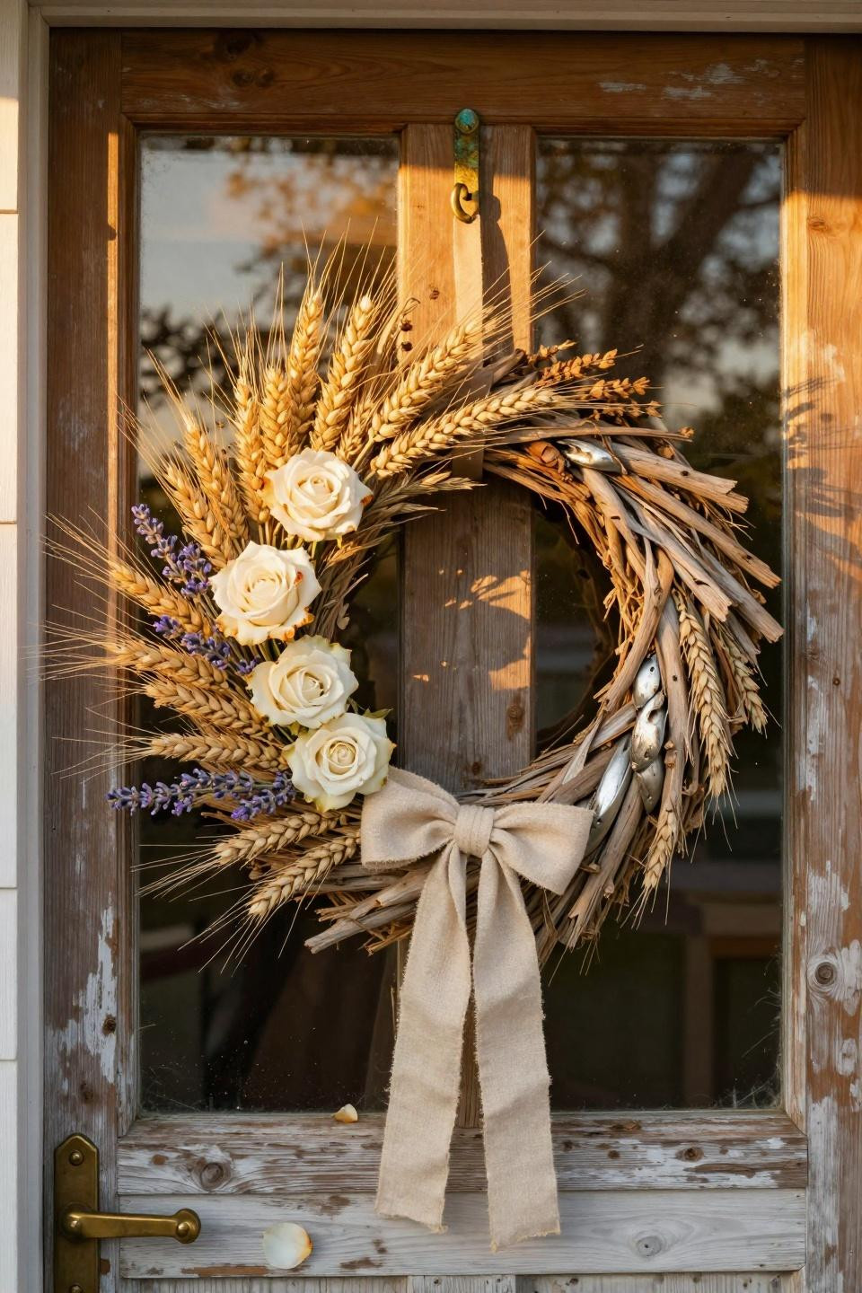 spring wreath ideas - wheat and lavender with driftwood accent