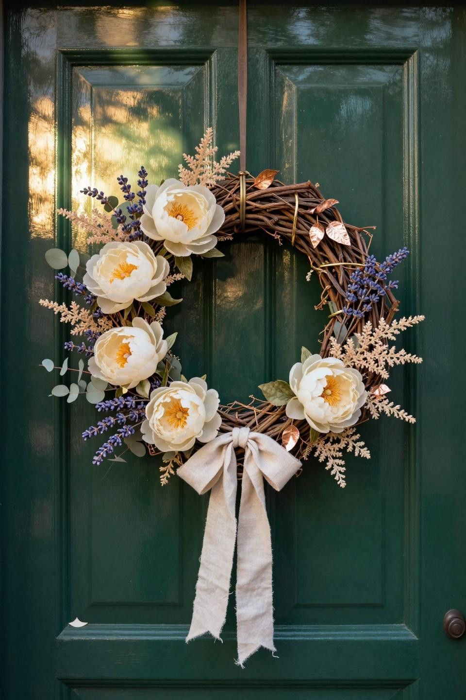 spring wreath ideas - cream peonies on deep green door