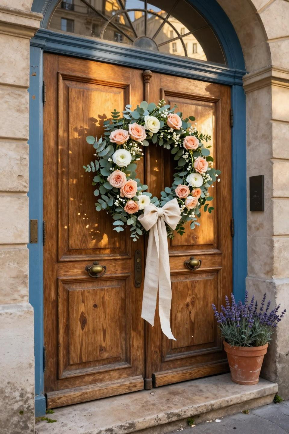 spring wreath ideas - peach florals on vintage blue door
