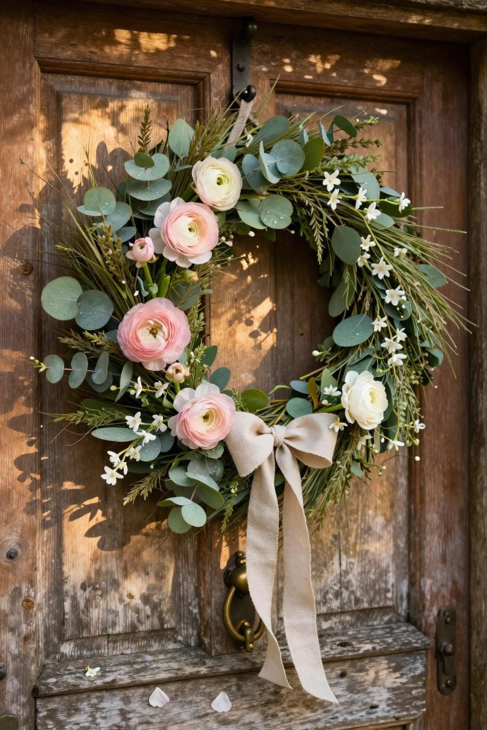 spring wreath ideas - blush ranunculus with sage eucalyptus