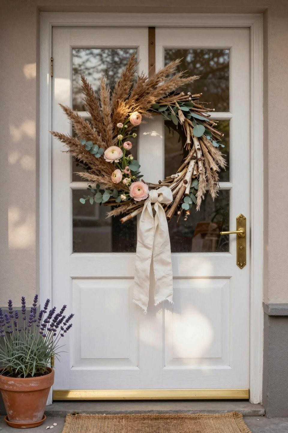 spring wreath ideas - geometric pampas with blush ranunculus on white oak