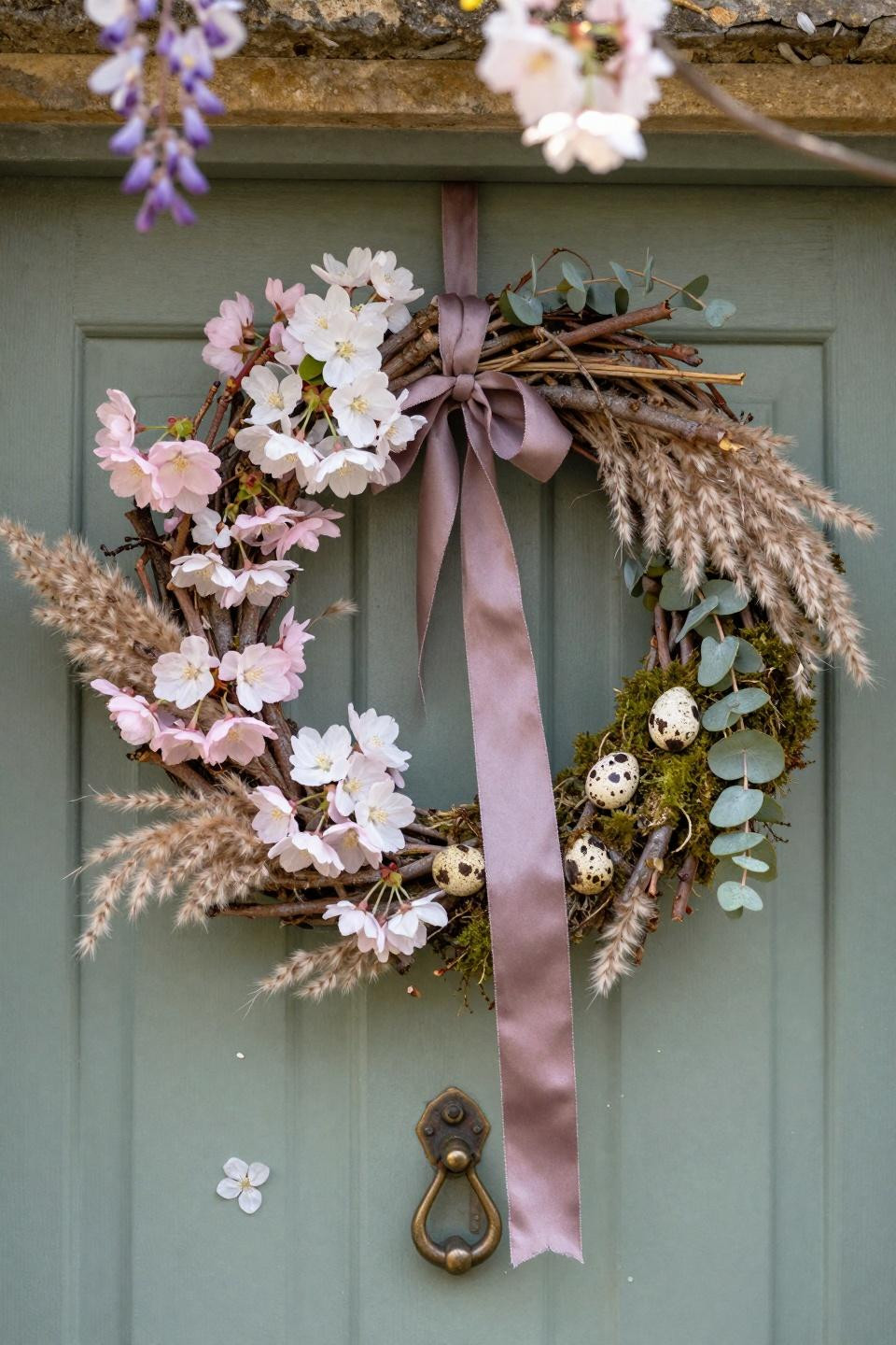spring wreath ideas - cherry blossoms and pampas with speckled eggs