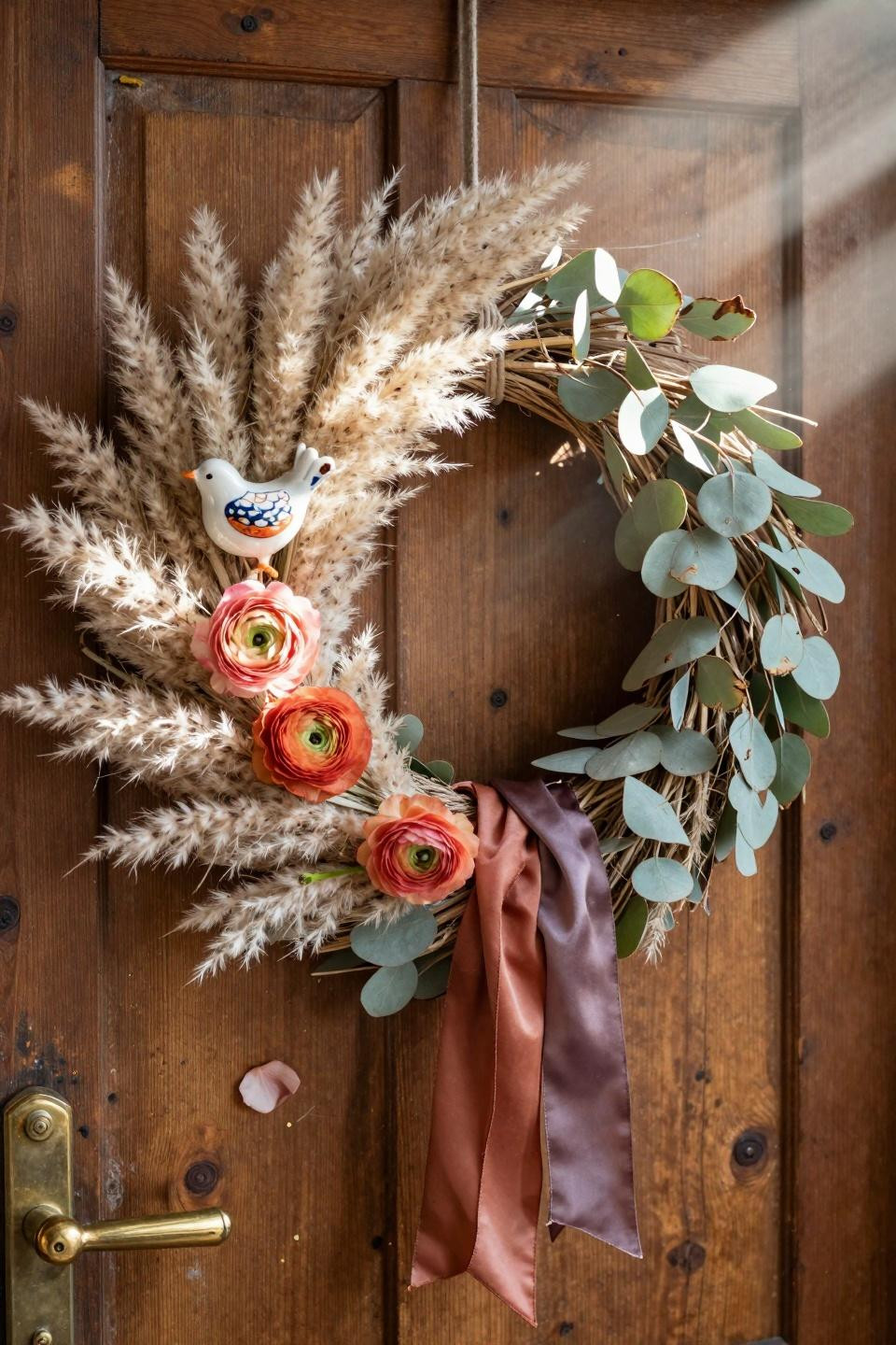 spring wreath ideas - pampas grass with terracotta ribbon and coral ranunculus