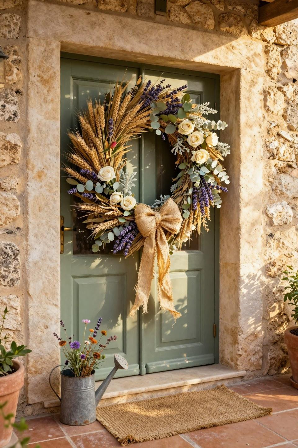 spring wreath ideas - wheat stalks and lavender on sage green farmhouse door