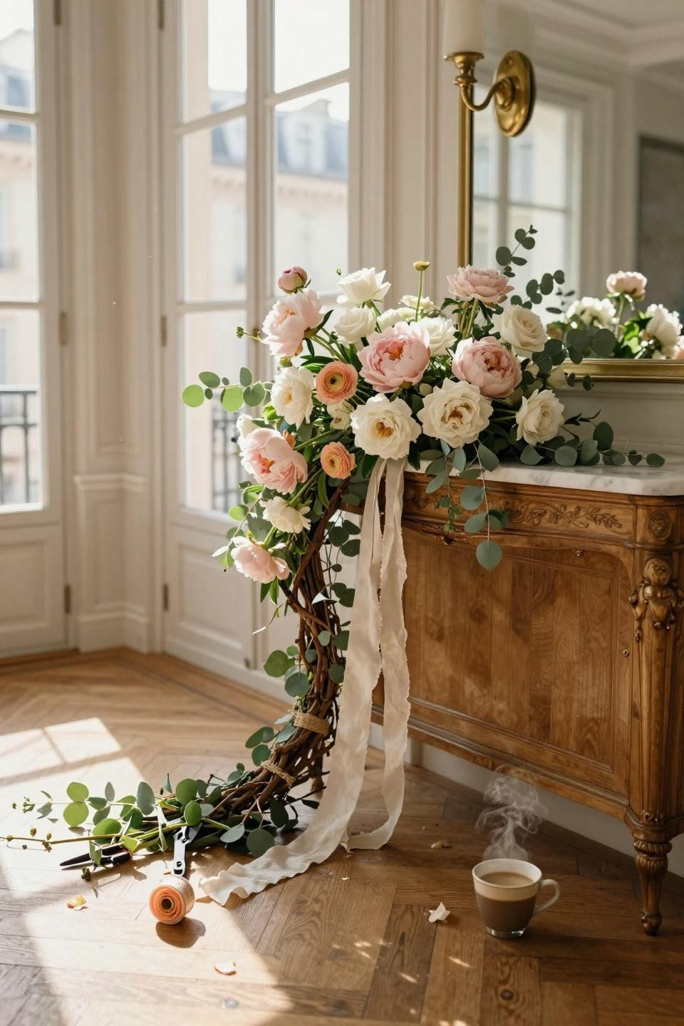 spring wreath ideas - butterscotch ranunculus leaning on antique console