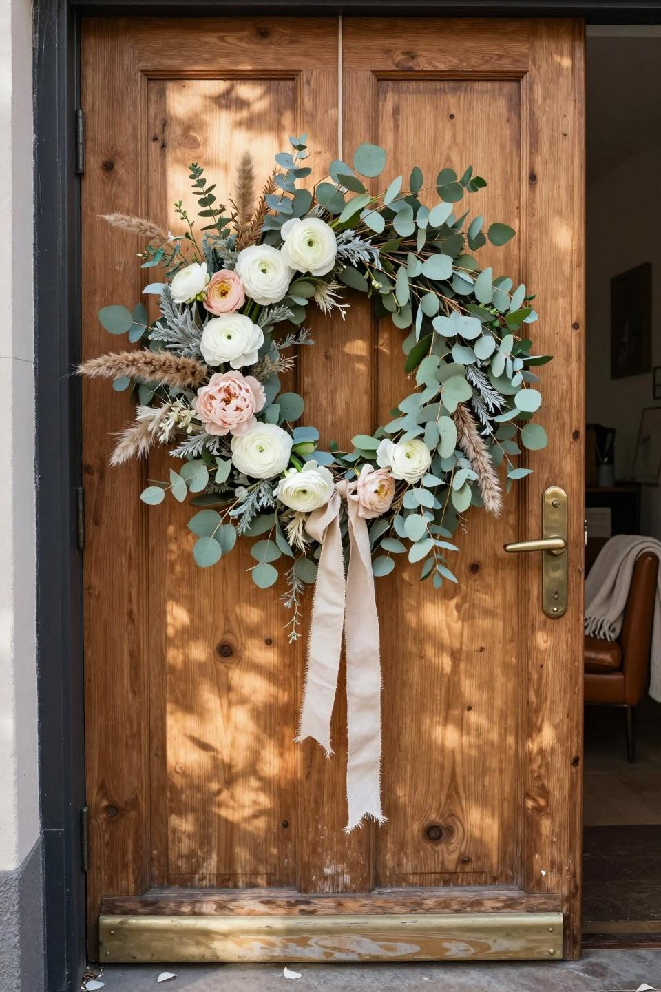 spring wreath ideas - white ranunculus with dried bunny tail grass on oak door