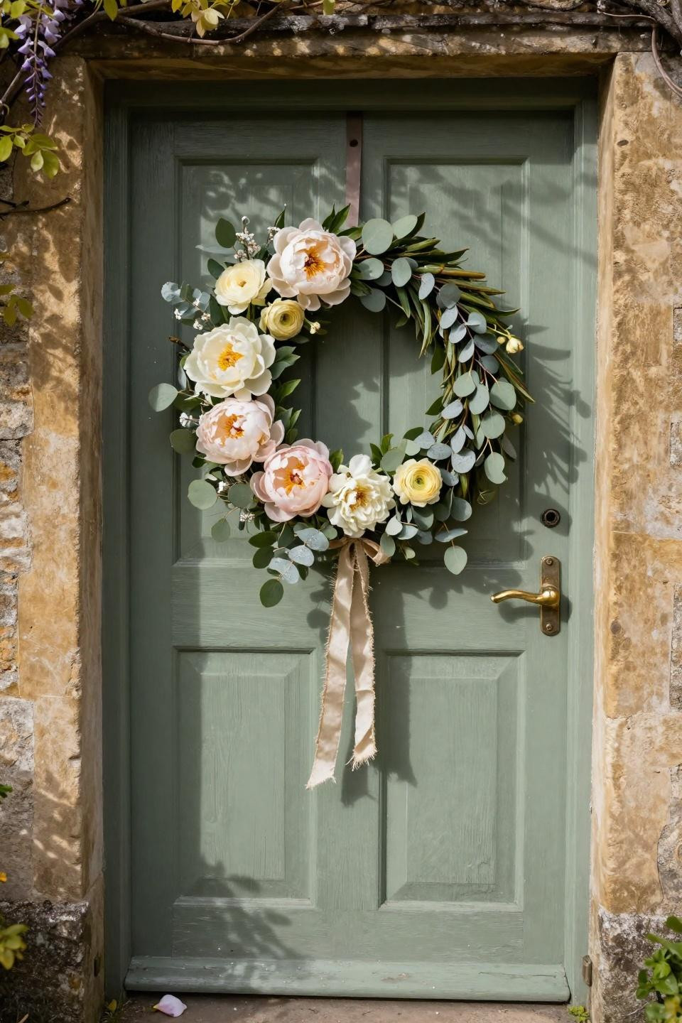 spring wreath ideas - jasmine and peonies on sage green cottage door