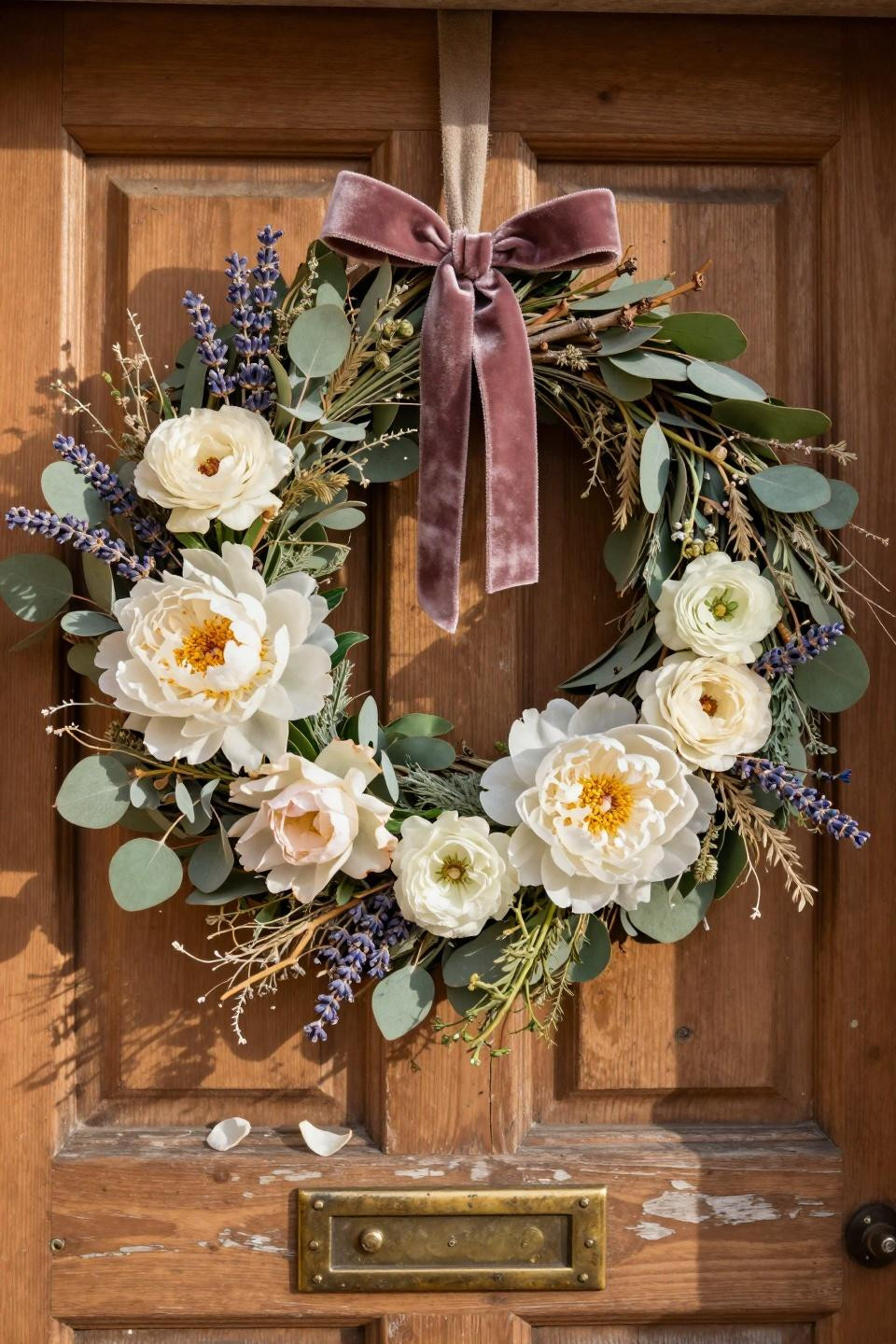 spring wreath ideas - white peonies with lavender on honey oak door