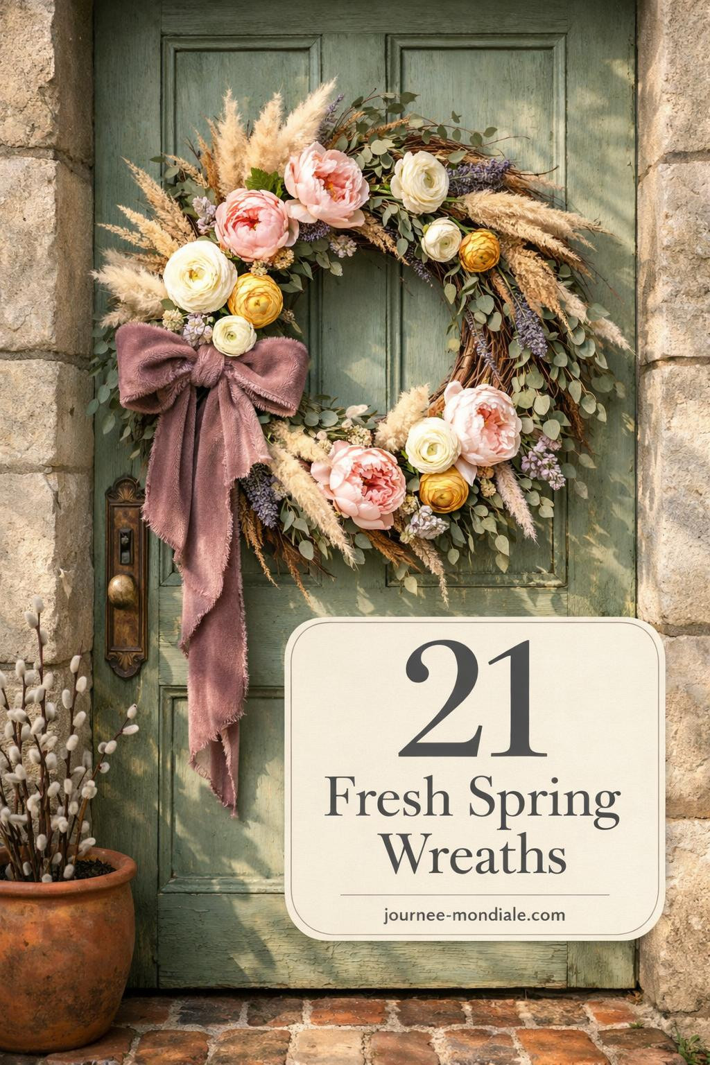 Vibrant spring floral wreath with pastel blooms, eucalyptus greenery, and ribbon accent on white front door entryway