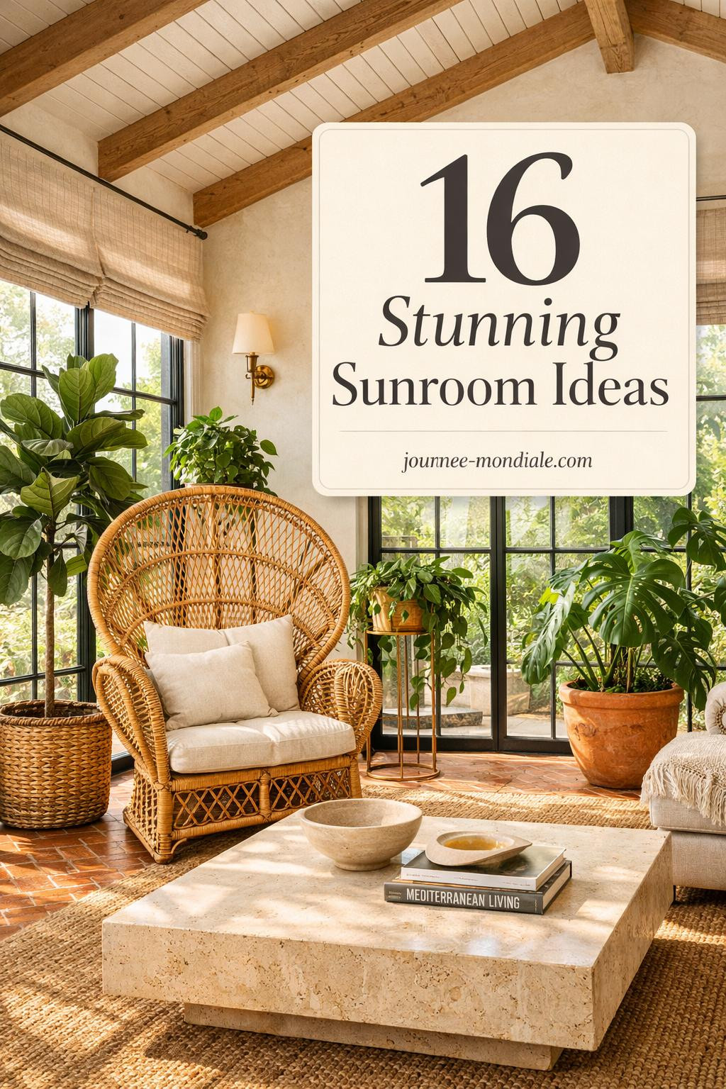 Bright sunroom with floor-to-ceiling windows, rattan peacock chair, terracotta herringbone floors, fiddle leaf fig, and organic textures