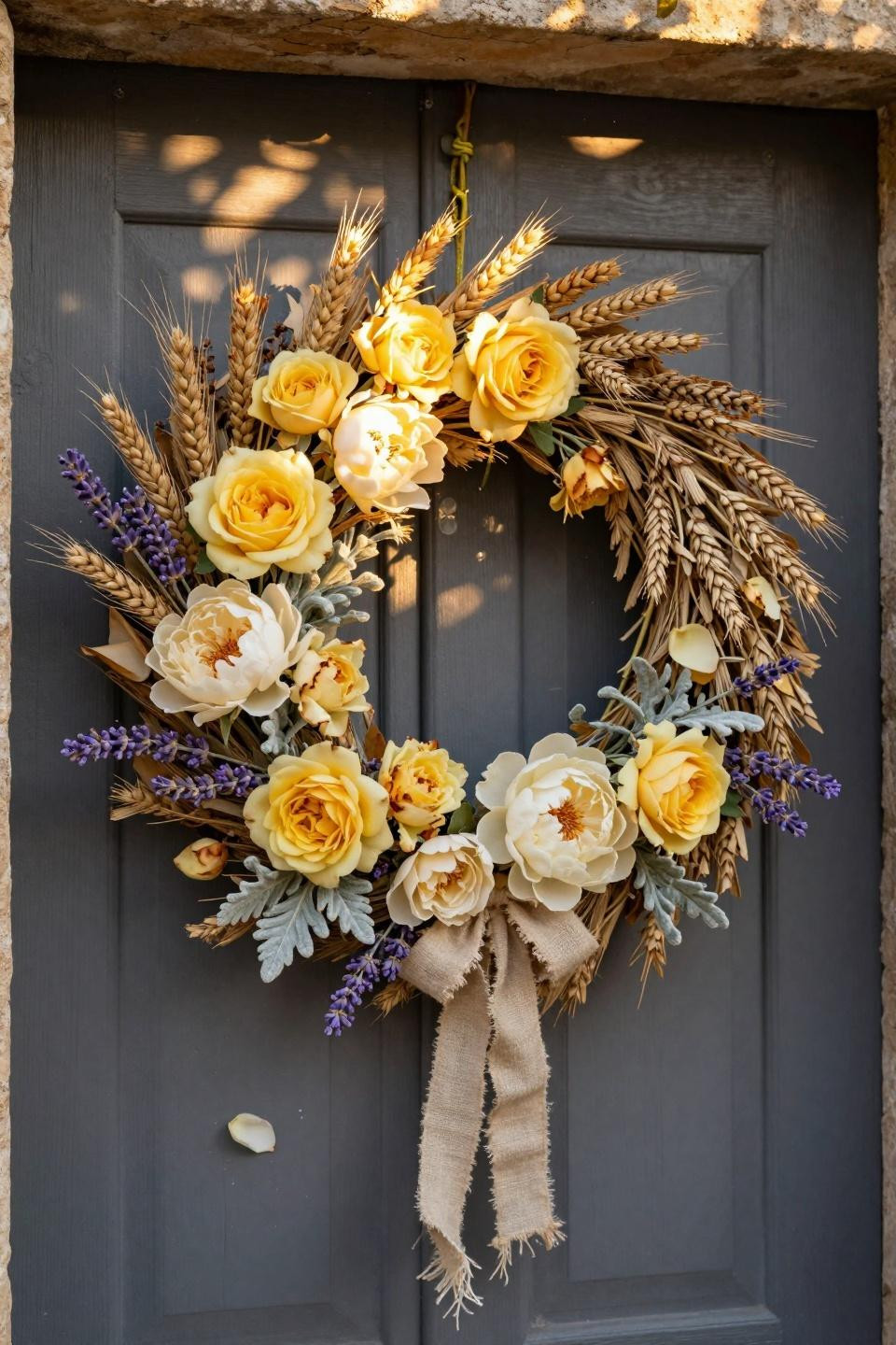 spring wreath ideas - golden roses and wheat on dark door
