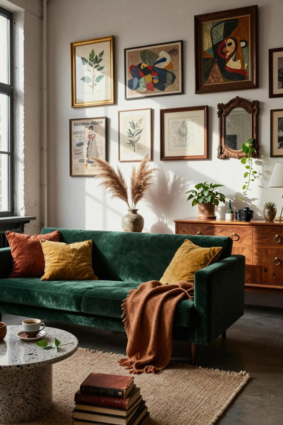 thrifted gallery wall in Copenhagen warehouse with emerald sofa