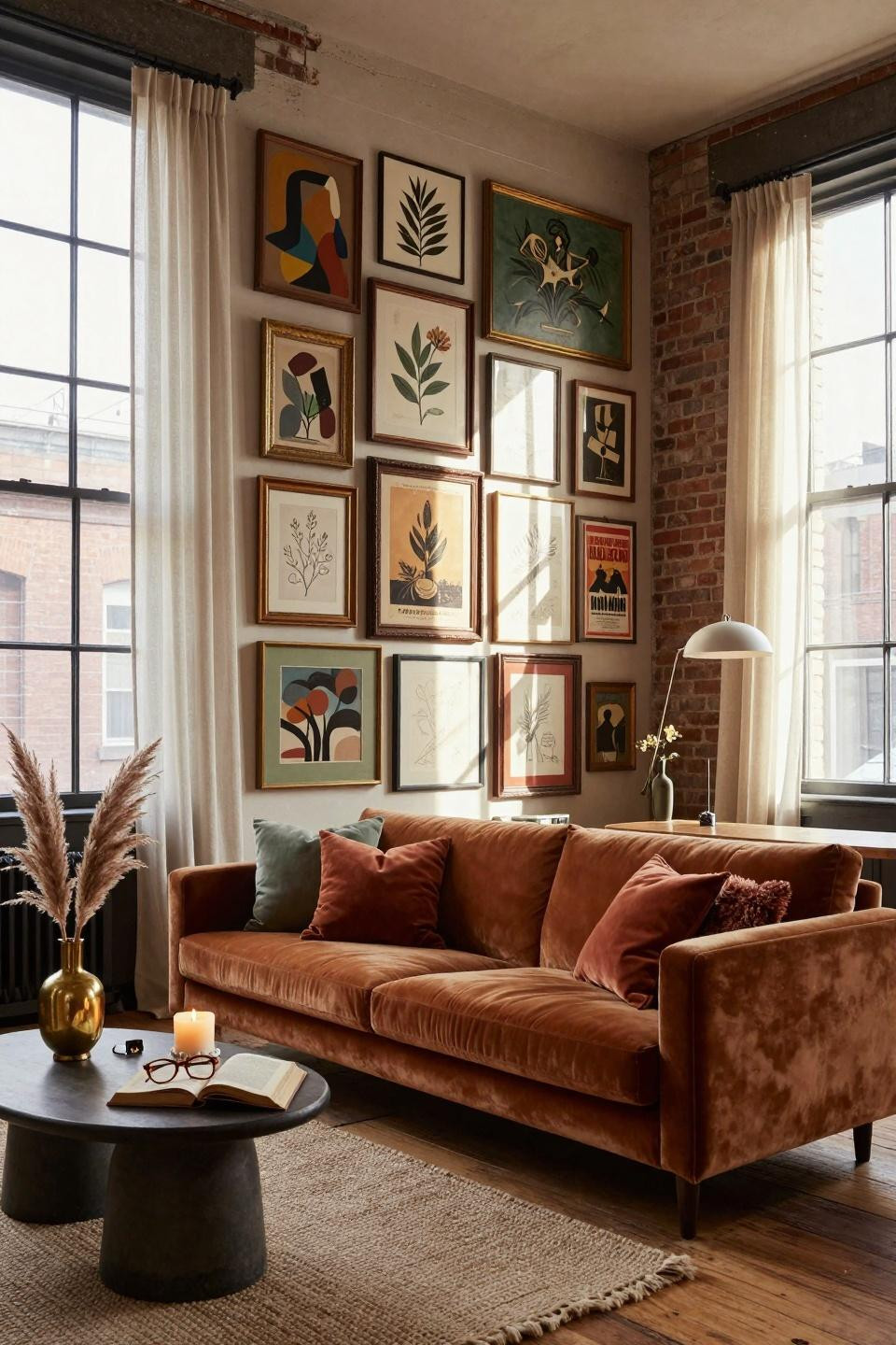 thrifted gallery wall with mismatched vintage frames in Brooklyn loft