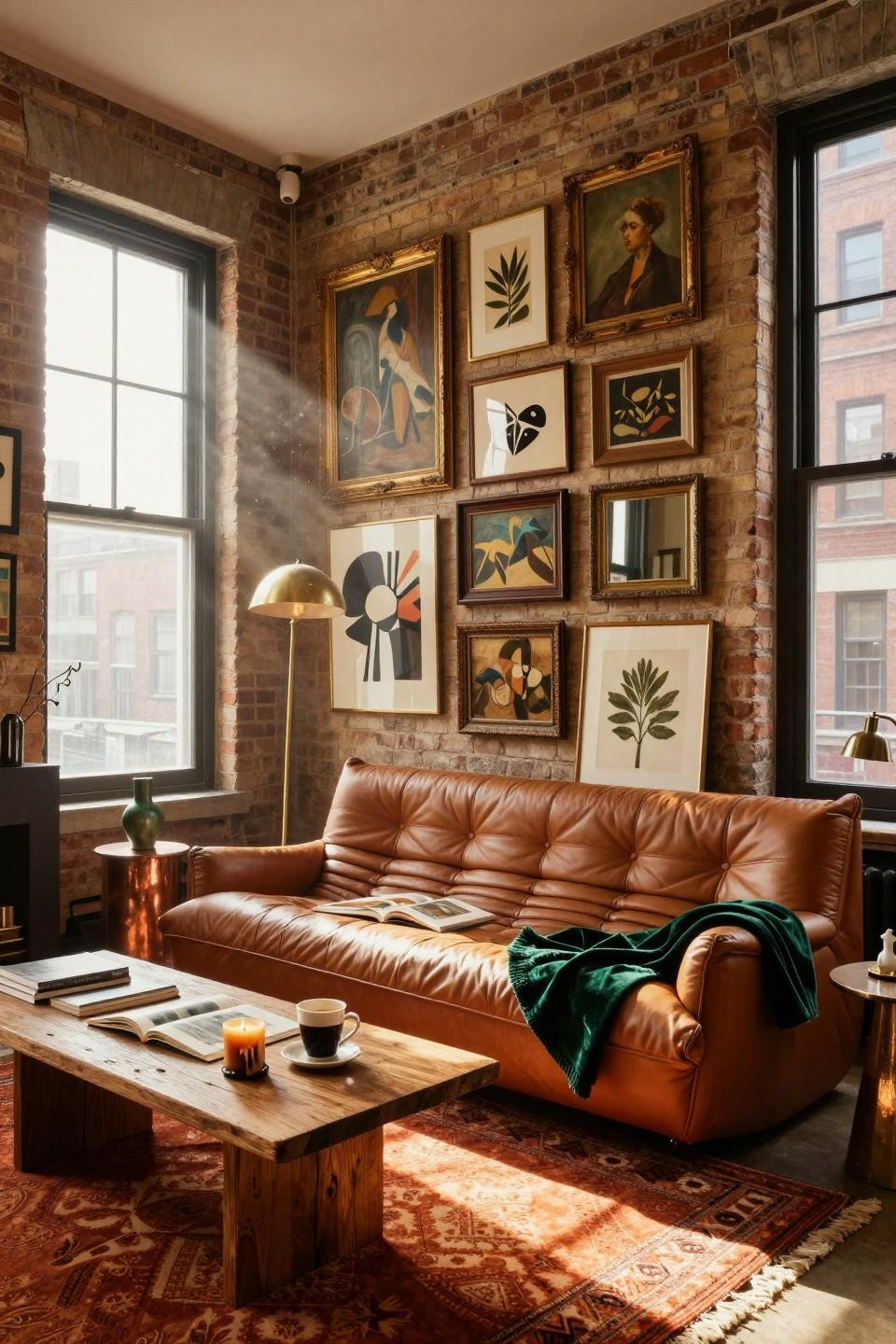 thrifted gallery wall above cognac leather Togo sofa