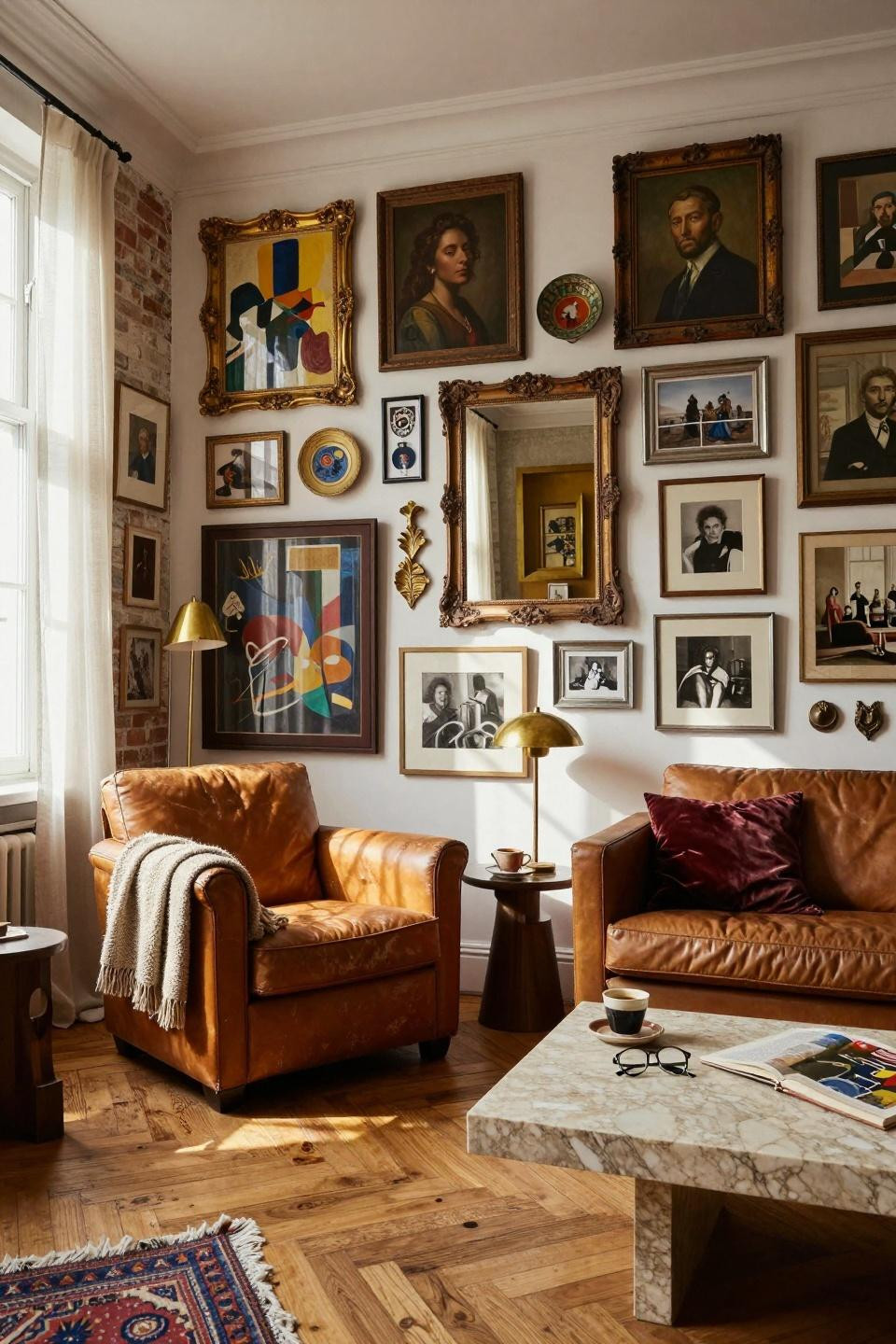 thrifted gallery wall spanning floor to ceiling in Parisian loft