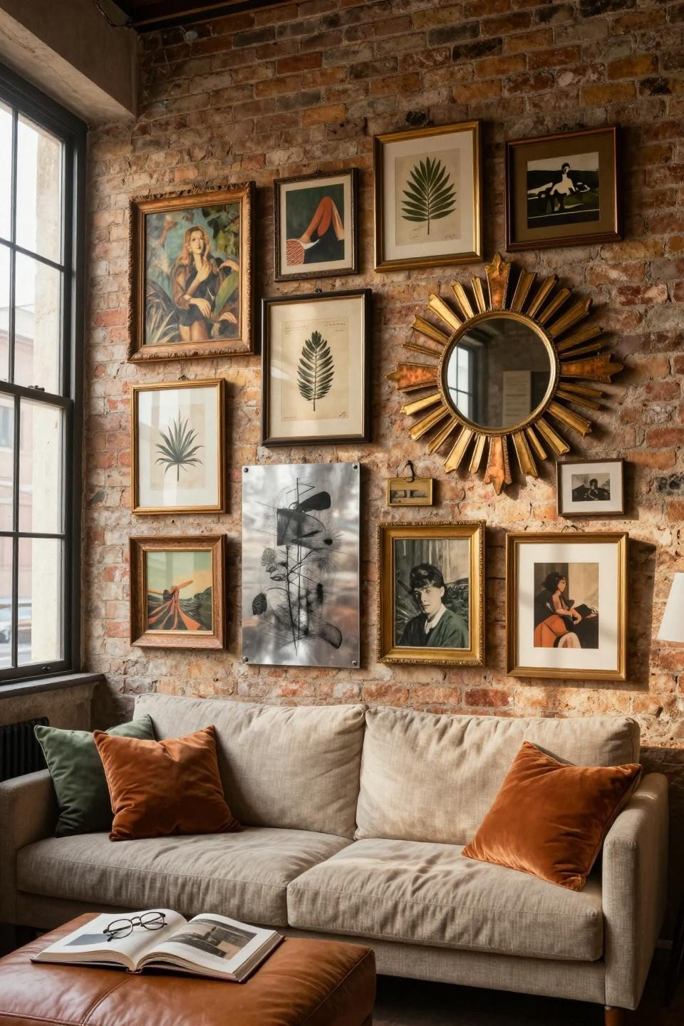thrifted gallery wall with oxidized copper sunburst mirror