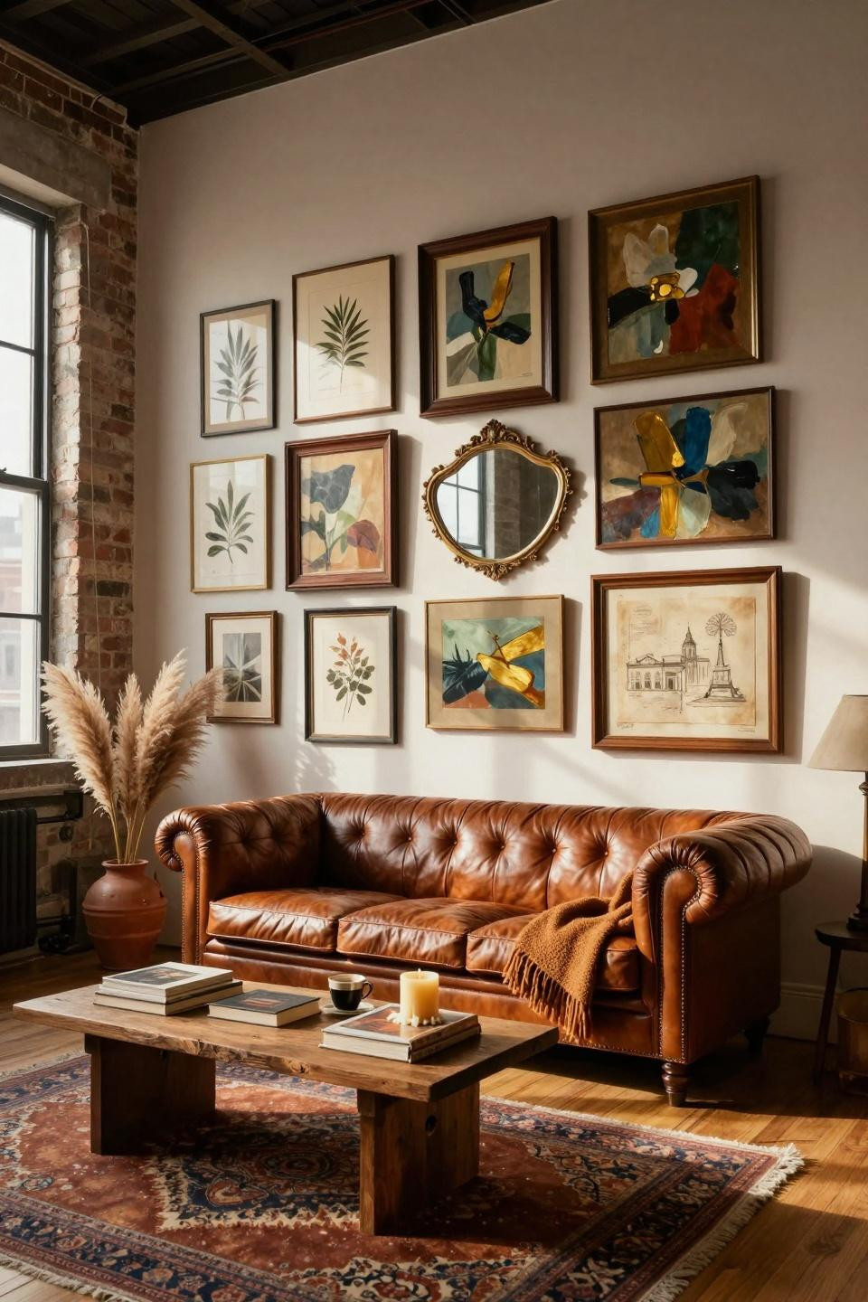 thrifted gallery wall with intentional spacing in Tribeca loft