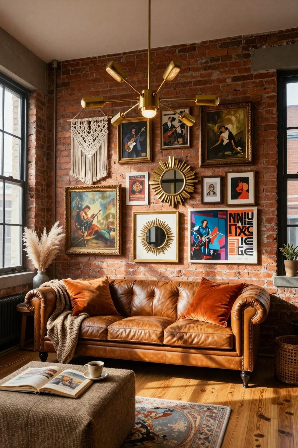 thrifted gallery wall in maximalist living room with industrial lighting