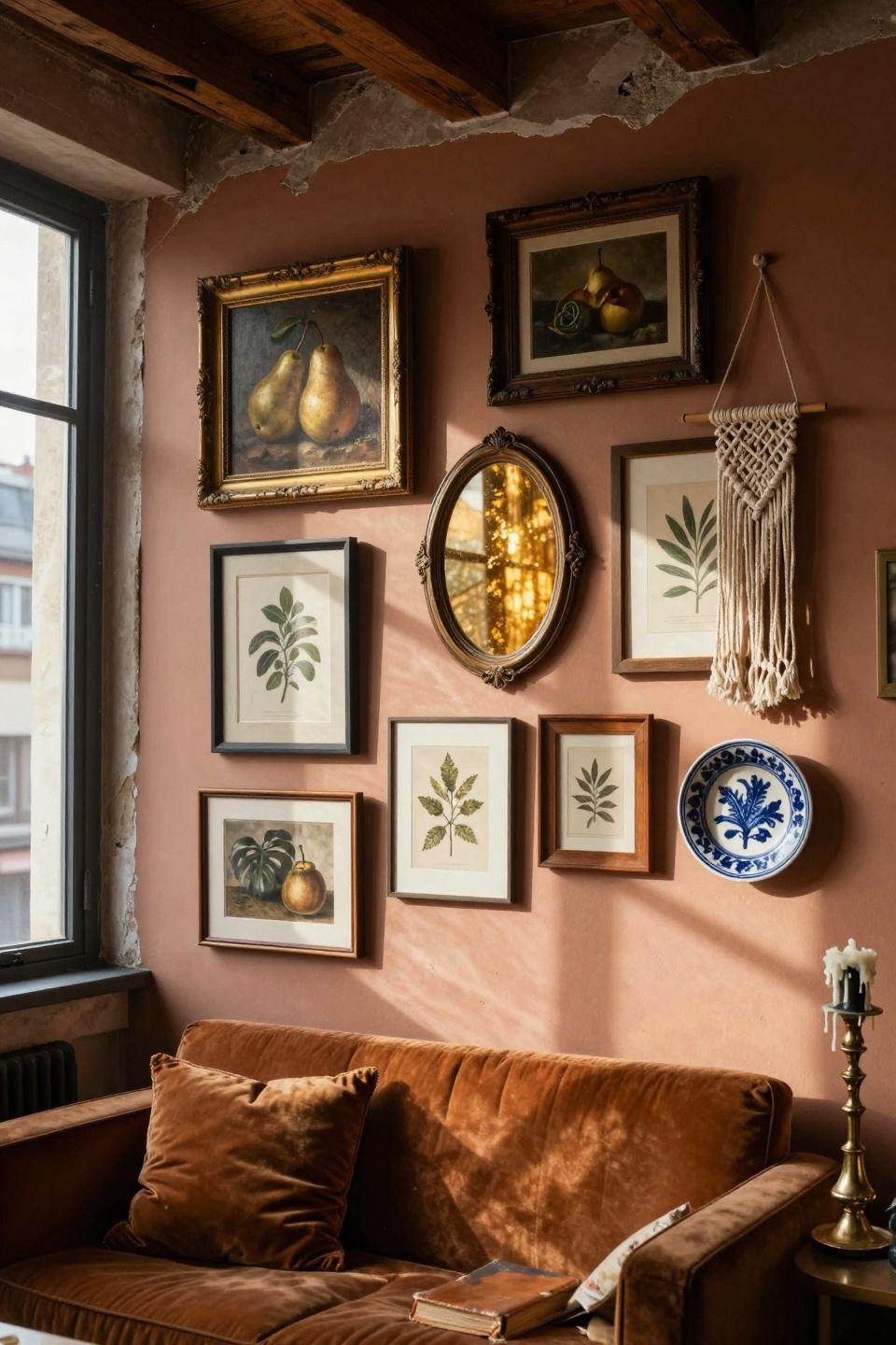 thrifted gallery wall closeup in Parisian bohemian loft