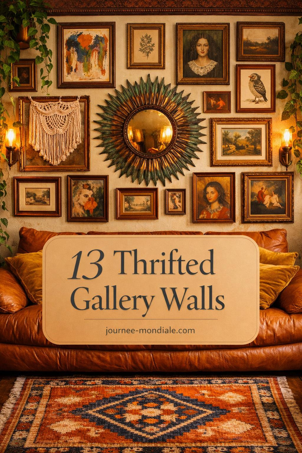 Eclectic living room featuring mismatched vintage frames, retro artwork, and boho decor in earthy tones on textured wall